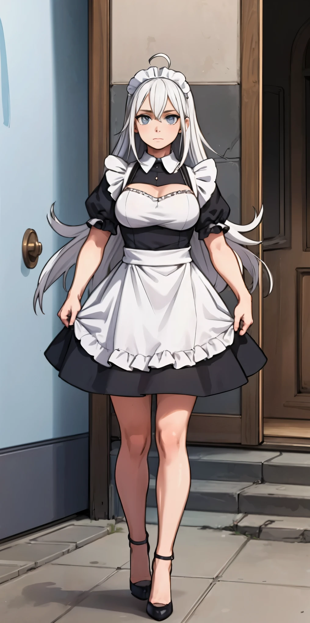 Female, standing, straight, long_hair, messy_hair, white_hair, maid with armor, metal high heels