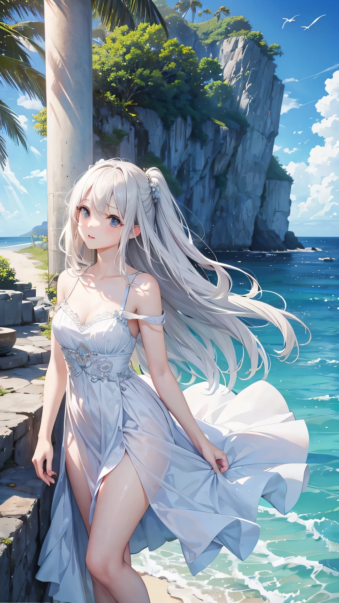 highest quality、Realistic、female、zoom、cute、Gray Eyes、Platinum Blonde Hair、long hair、 Dresses、Ocean、blue sky、