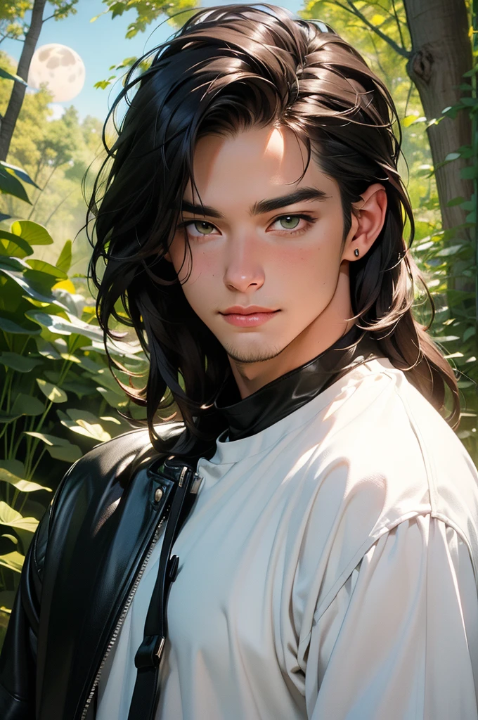 (absurdres, highres, ultra detailed), 1man, 30 years old man, adult man, handsome, tall,, finely detailed eyes and detailed face, black leather pants, white shirt, night, smile, dutch angle, ((long hair, brown hair)), moon, forest, bad boy, gothic, dark, looking at the view, pale skin, green detailed eyes, eyeliner, (masculine), sexy, smirk, seductive, slightly muscular, very attractive, flirtatious, mature, ((adult mature face)), medium large shoot, (MLS), conceited, egocentric
