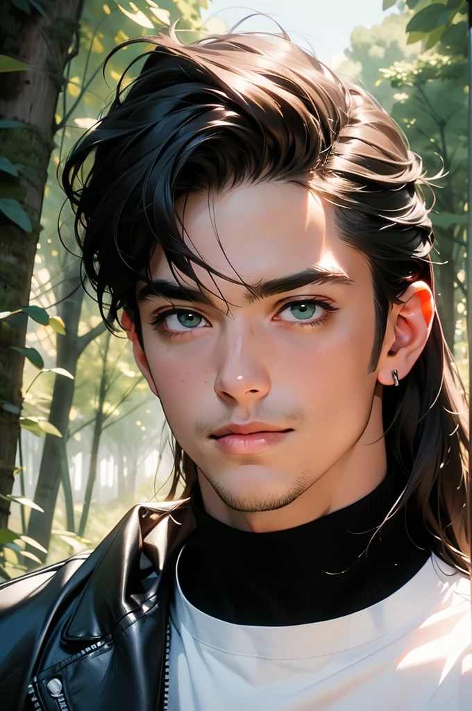 (absurdres, highres, ultra detailed), 1man, 30 years old man, adult man, handsome, tall,, finely detailed eyes and detailed face, black leather pants, white shirt, night, smile, dutch angle, ((long hair, brown hair)), moon, forest, bad boy, gothic, dark, looking at the view, pale skin, green detailed eyes, eyeliner, (masculine), sexy, smirk, seductive, slightly muscular, very attractive, flirtatious, mature, ((adult mature face)), medium large shoot, (MLS), conceited, egocentric