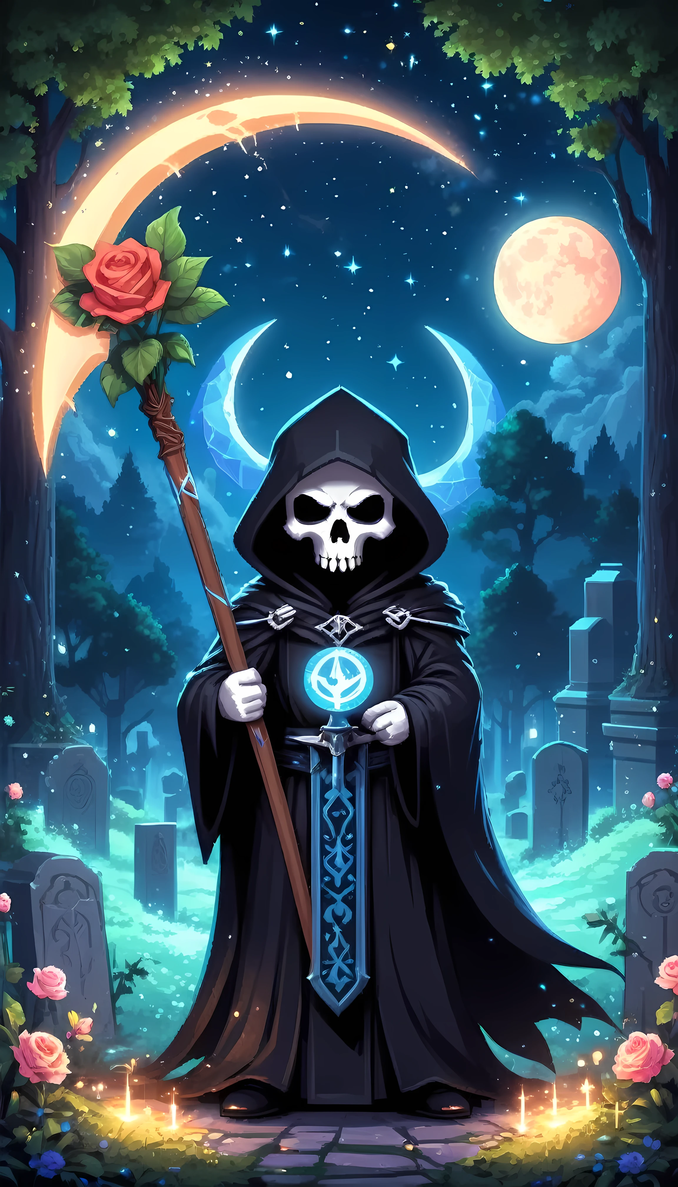 Bright epic professional (cute cartoon pixel illustration:1.2), (masterpiece in maximum 16K resolution, superb quality, ultra detailed:1.3), grip reaper holding a long (decorative scythe:1.2) with (light blue magic orbs), (holding a single rose), standing near a (grand tombstone), wearing a full dark cloak with (glowing runes), amidst forest cemetery, sparkles, starry night with crescent moon.
