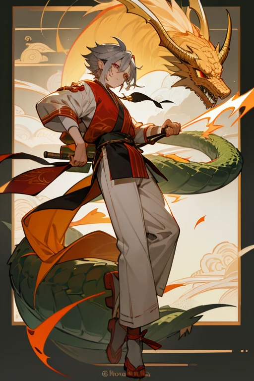  boy, golden hair, Silver eyes, full body, Dragon Haori, Dragon bottom, Dragon Sash, Dragon Shoes, Silver Axe, Golden Axe, Cultivator,  of Dragon, 