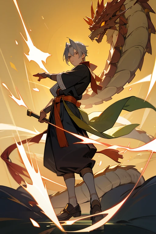 12 year old boy, golden hair, Silver eyes, full body, Dragon Haori, Dragon bottom, Dragon Sash, Dragon Shoes, Silver Axe, Golden Axe, Cultivator,  of Dragon, 