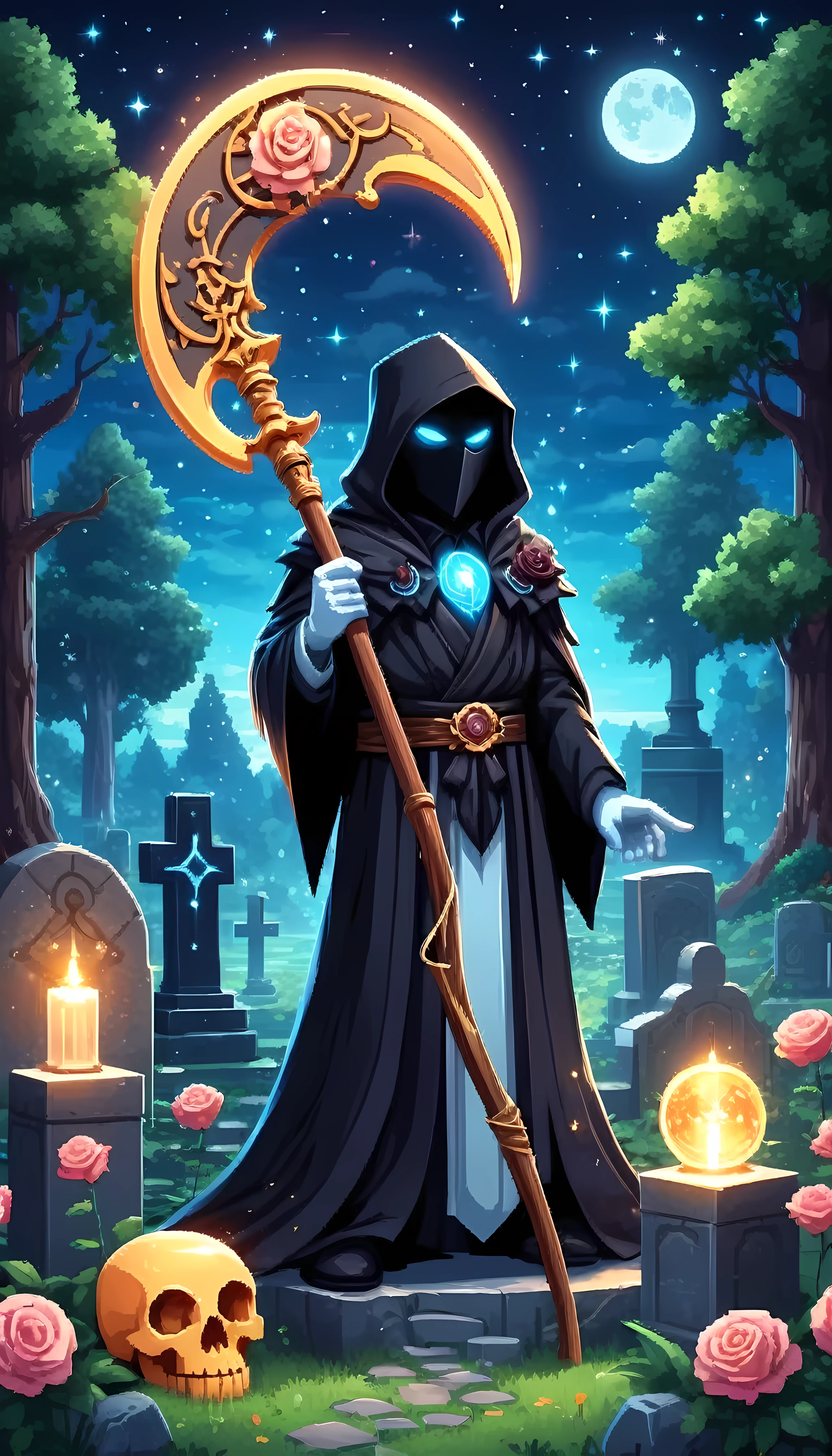 Bright epic professional (cute cartoon pixel illustration:1.2), (masterpiece in maximum 16K resolution, superb quality, ultra detailed:1.3), grip reaper holding a long (decorative scythe:1.2) with (light blue magic orbs), (holding a single rose), standing near a (grand tombstone), wearing a full dark cloak with (glowing runes), amidst forest cemetery, sparkles, starry night with crescent moon.
