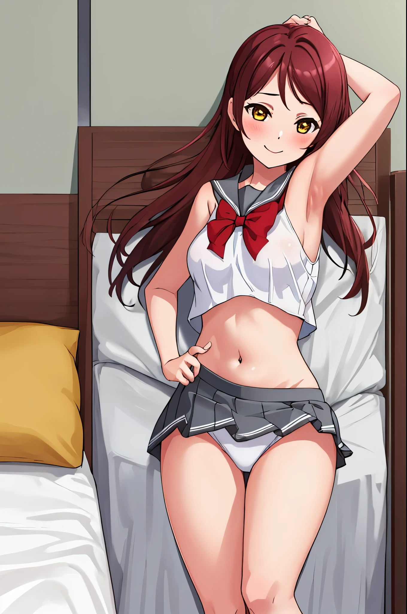 Masterpiece,best quality,Solo, cowboy shot,Sakurauchi riko, long hair, blush, love scene, skirt, sleeveless, pleated skirt, standing, serafuku, grey skirt, uranohoshi ,side breast,navel,thicc thighs , laying on bed,on back, lovely smile