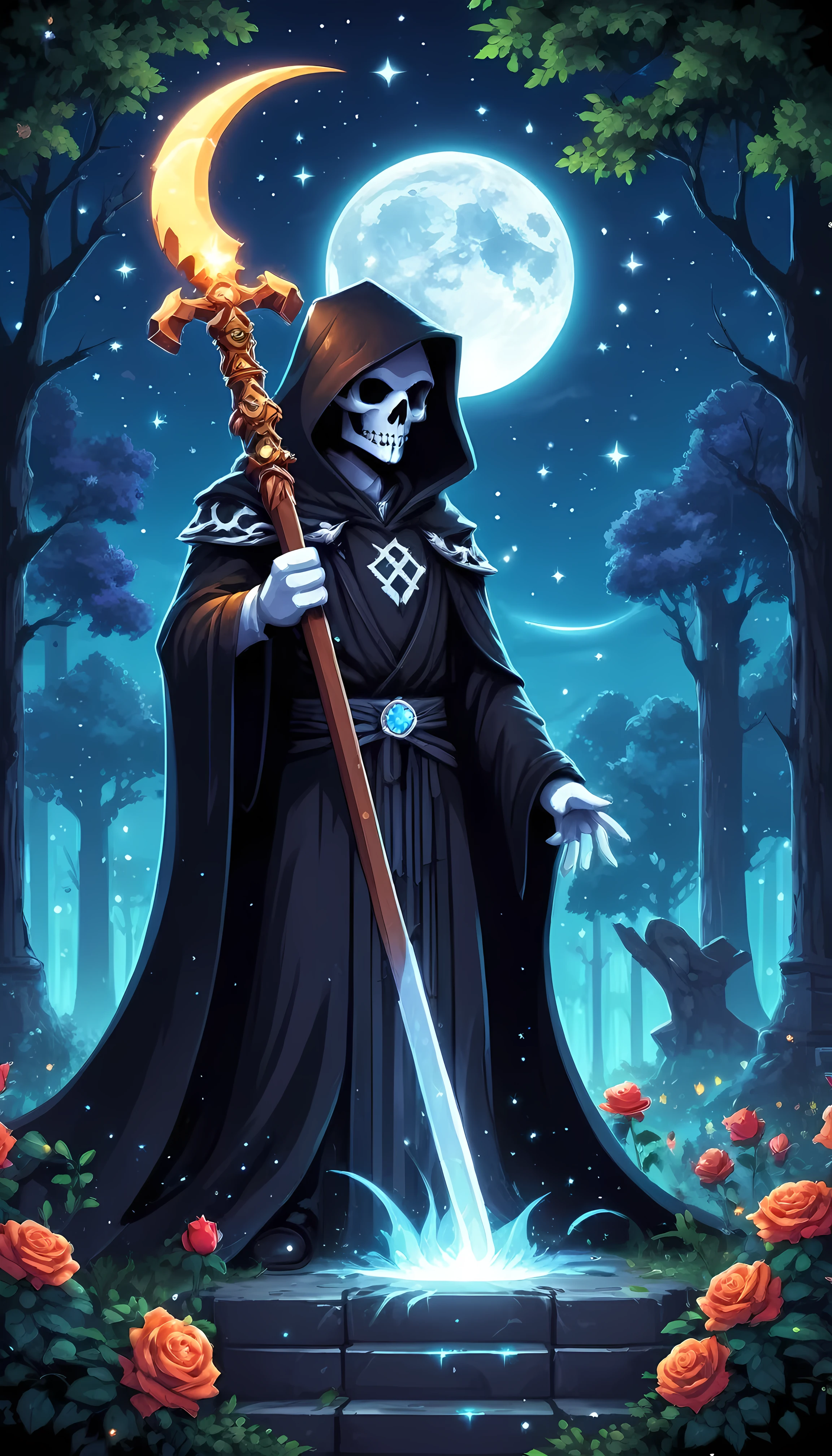 Bright epic professional (cute cartoon pixel illustration:1.2), (masterpiece in maximum 16K resolution, superb quality, ultra detailed:1.3), grip reaper holding a long decorative scythe with light blue magic flames, holding a single rose, standing near a grand tombstone, wearing a full dark cloak with glowing runes, amidst forest cemetery, sparkles, starry night with crescent moon.
