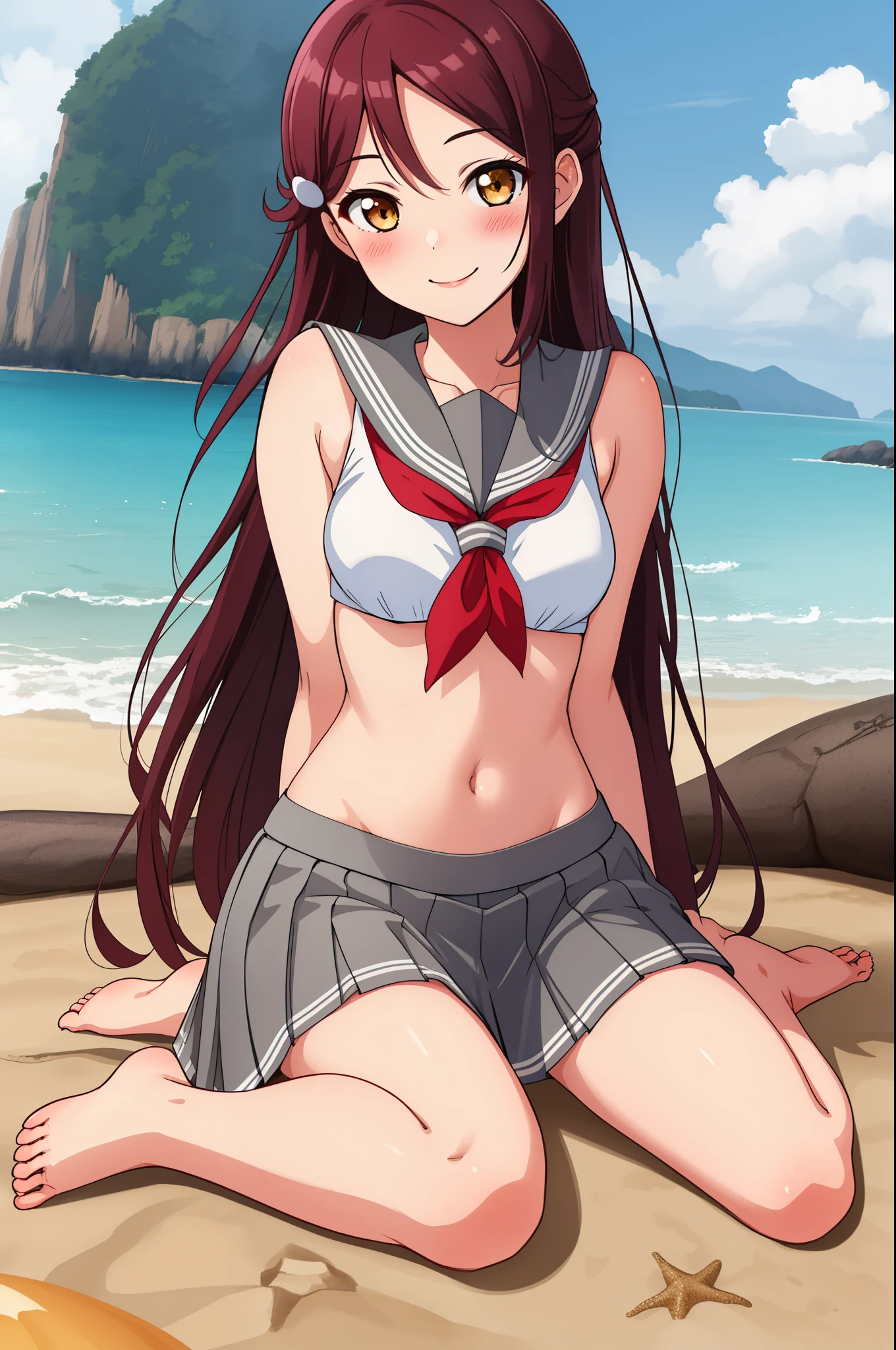 Masterpiece, best quality,solo,Sakurauchi riko, long hair, blush, smile, skirt, sitting, sleeveless, pleated skirt, sitting,wariza, barefoot, serafuku, grey skirt,  zoom layer, uranohoshi ,navel,beach