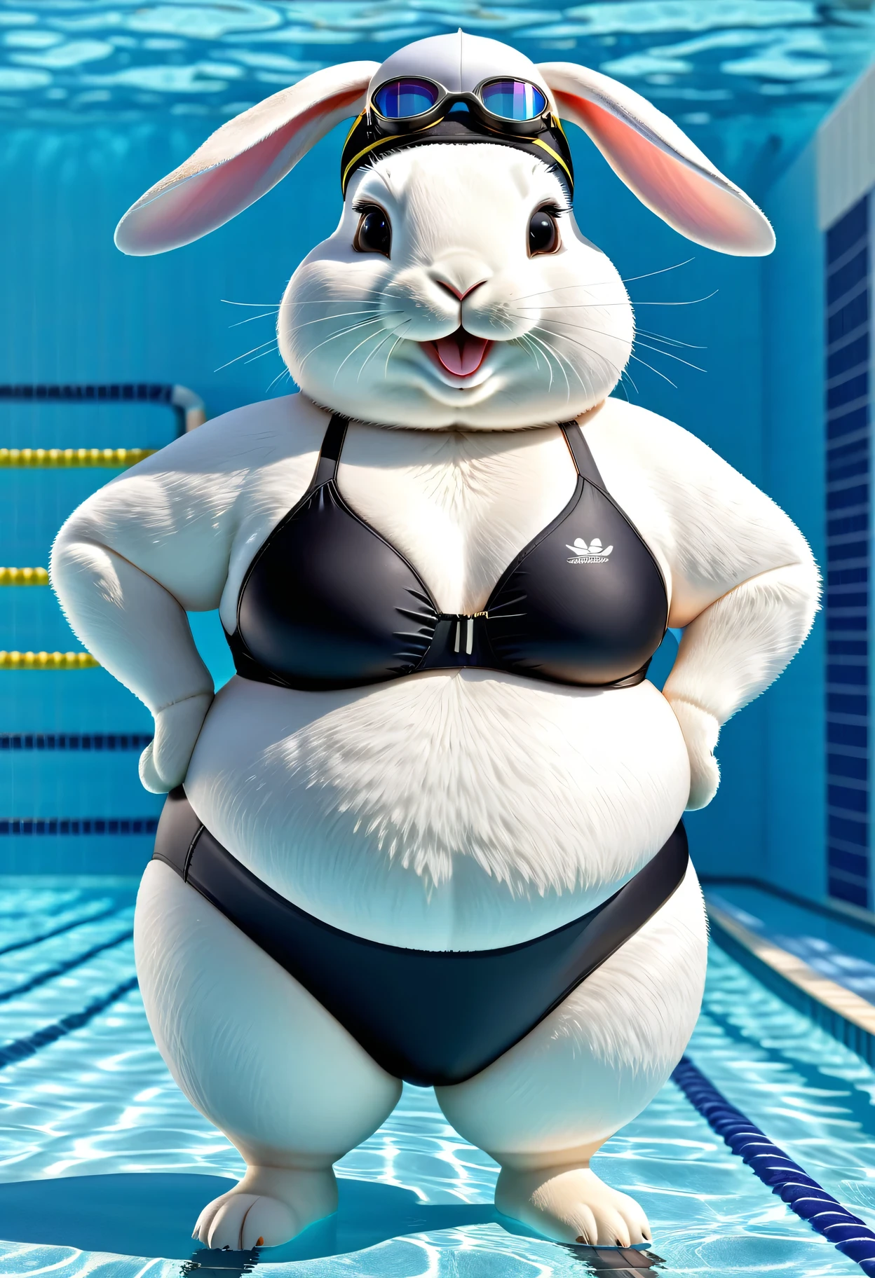 photorealistic portrait of Dressed animals - a (fat) rabbit swimmer,(hands on hips:1.5),(happy smile),(), high quality,(lovely) ,intricate details, highly detailed (Competitive black swimsuit), swimming cap and goggles, pool background, (happy), perfect lighting,(full body image:2.0)