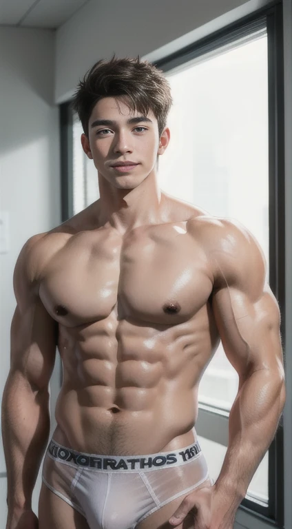 (handsome high school muscular boy), handsome muscular high school man in the classroom of high school, he wears white transparent mesh underwear, shirtless , mischievous smile, (details: 1 1), natural muscles, high quality, beautiful eyes, (detailed face and eyes), ( No face: 1 2), noise, real photo、... PSD, Sharp Focus, High Resolution 8k, Real & Professional Photography, 8K UHD, Soft Lighting, High Quality, Film Grain, FUJIFILM XT3