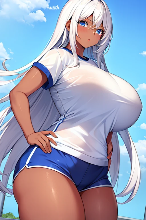 1girl, dark skin, dark-skinned female, blue eyes, white hair, long hair, huge breasts, tall, tall female, white shirt, shirt, gym uniform, sportswear, blue shorts, short pants, toned,