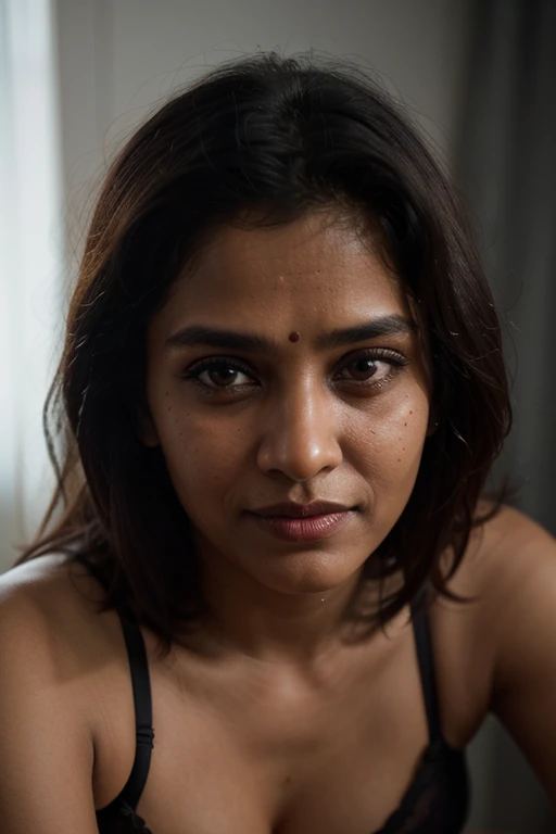 (close-up, editorial photograph of a 41 year old South indian woman in red bra black panty), (highly detailed face:1.4) (smile:0.7) (background inside dark, moody,) POV, photograph,rich colors ,hyper realistic ,lifelike texture, dramatic lighting , small face
