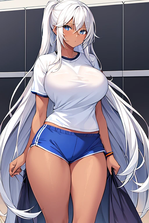 1girl, dark skin, dark-skinned female, blue eyes, white hair, long hair, huge breasts, tall, tall female, white shirt, shirt, gym uniform, sportswear, blue shorts, short pants, toned,