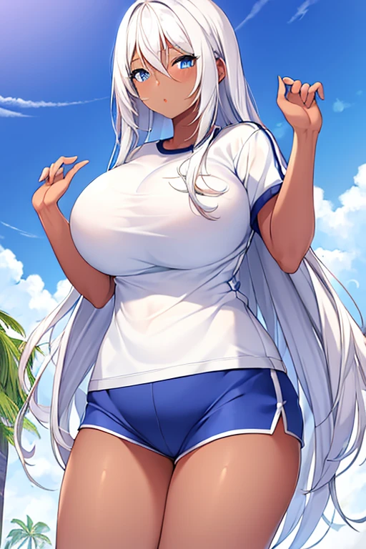 1girl, dark skin, dark-skinned female, blue eyes, white hair, long hair, huge breasts, tall, tall female, white shirt, shirt, gym uniform, sportswear, blue shorts, short pants, toned,