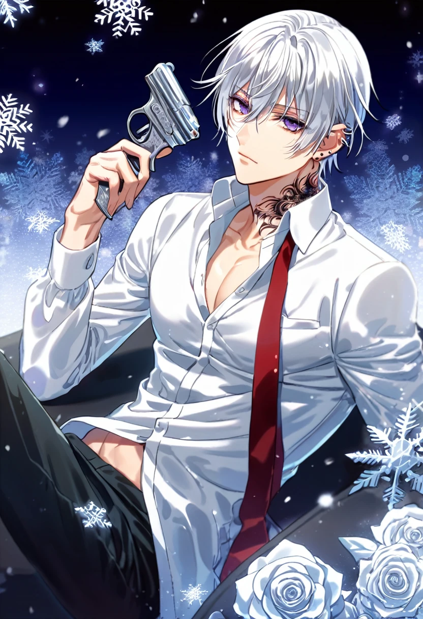 Ultra detailed, HDR, Highres, absurdres, master piece, Zero Kiryuu, white hair, short hair, expressive purple eyes, Vampire Knight, ice butterflies, winter, ice, snowflakes, white flowers, sexy man, solo, extremely detailed face and eyes, handsome, glittering, toned chest, white shirt, tattoo on his neck, ear piercings, Vampire Knight black uniform, red necktie, sitting, black pants, cross uniform, holding a silver pistol (Bloody Rose)