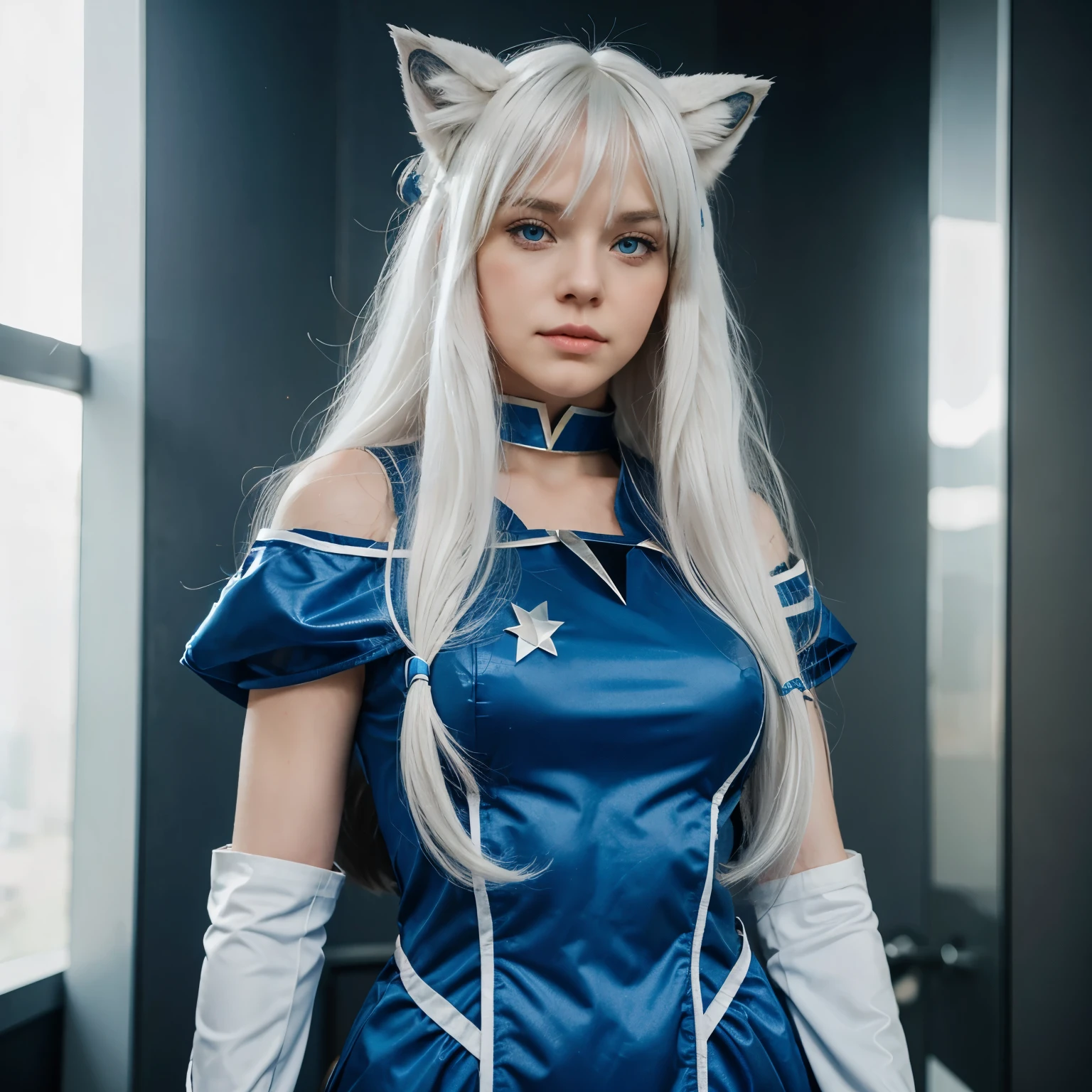 Long white hair girl with bangs blue eyes and wolf tail and wolf ears wearing a star inspired hero costume