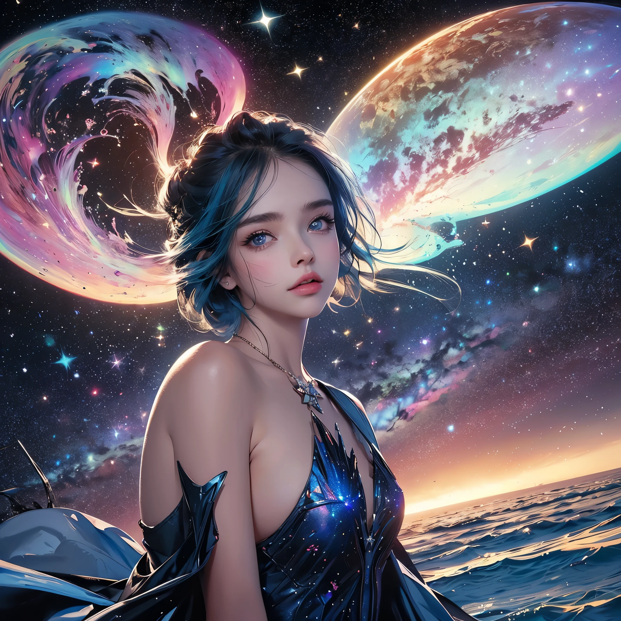 Explorando o Vasto Vazio do Universo: An Astronaut Girl Among the Stars Long time, In a distant galaxy, a girl with  blue eyes embarked on a unique journey through space. Vestida em seu traje espacial, she floated amidst the vastness of the universe, cercada por nebulas e estrelas brilhantes. His eyes glowed with the vibrant colors of cosmic neon., contrasting with the seriousness of his mission and the loneliness that accompanied it. The Solitude of Space As I sailed through the darkness of space, the astronaut girl felt the immensity of the universe around her. Loneliness was his constant companion, but she knew that her mission was greater than any personal feelings. Ela estava ali para explorar, descobrir e desbravar o desconhecido. A Beleza das Nebulas As we approached a bright nebula, the girl found herself involved in a dance of colors and shapes. The clouds of cosmic gas and dust created a stunning visual spectacle, como uma pintura em movimento. She felt small compared to the immensity and beauty of the universe.. O Chamado das Estrelas As estrelas pareciam sussurrar segredos antigos para a garota astronauta, as if each one held a unique and mysterious story. Ela se perguntava sobre os mundos distantes que orbitavam ao redor delas, about the unknown civilizations that could exist somewhere beyond your vision. corpo inteiro
