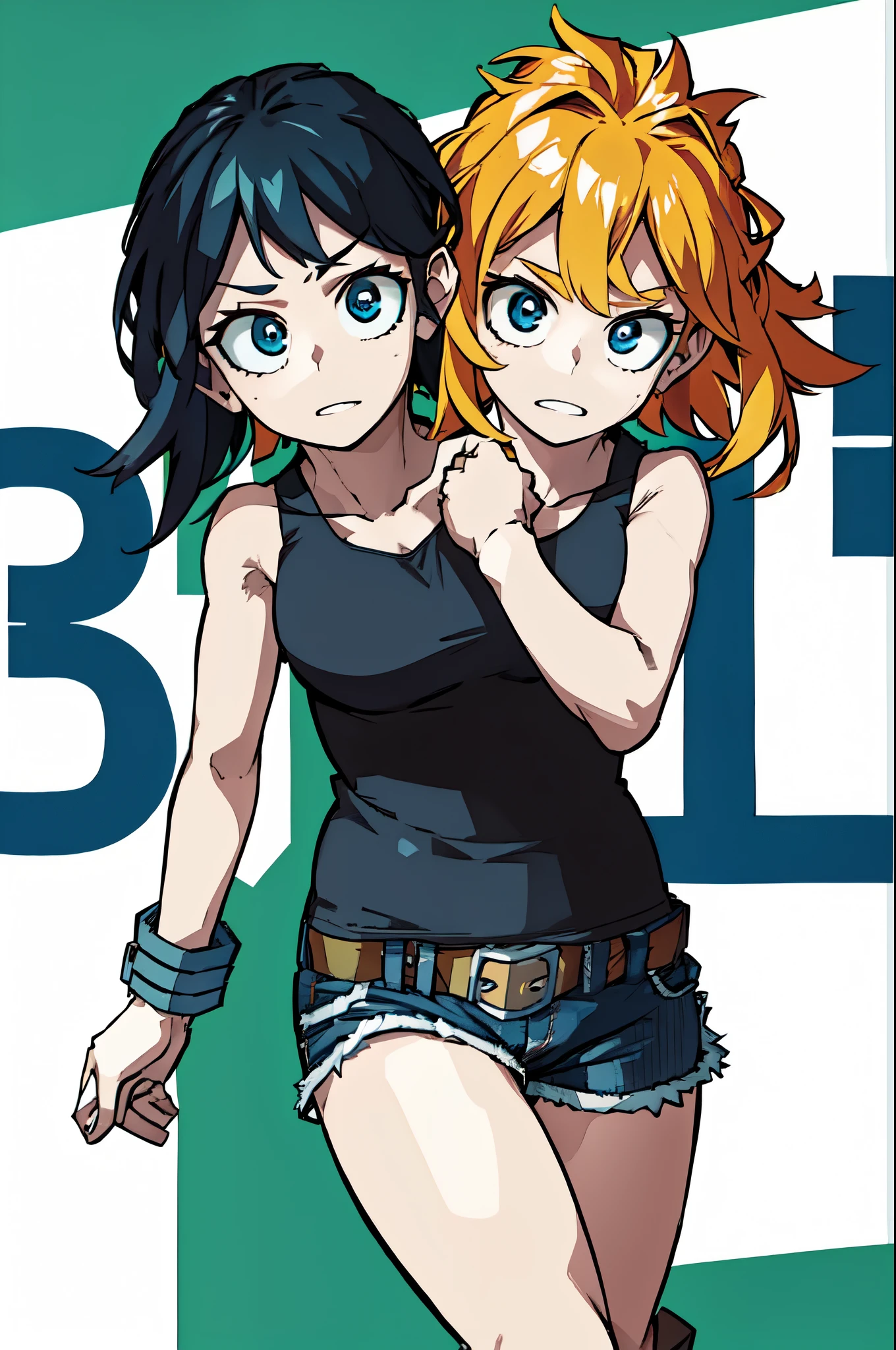 best resolution, 2heads, conjoined, dicephalus,  woman with two heads , my hero academia, tanktop, denim shorts,indoor background