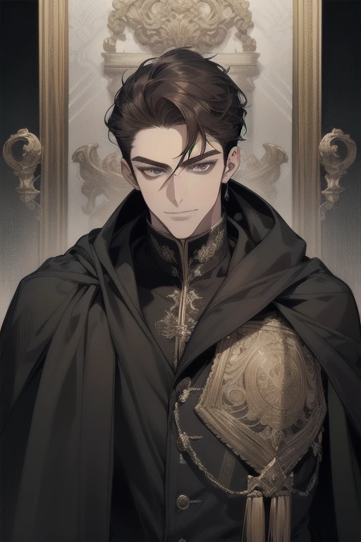 masterpiece, best quality, detailed face, realistic, 1man, mature male, handsome young man, 25 year old, a smirk, closed mouth, portrait, extremely detailed face, cold and smirk, ((dark grey eyes)), ((short-right-swept dark hair)), [thick eyebrows], on the throne, ((long black cape)), ((all black)), (dark grey eyes)
