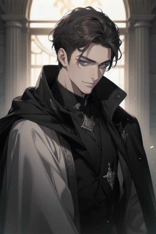 masterpiece, best quality, detailed face, realistic, 1man, mature male, handsome young man, 25 year old, a smirk, closed mouth, portrait, extremely detailed face, cold and smirk, ((dark grey eyes)), ((short-right-swept dark hair)), [thick eyebrows], on the throne, ((long black cape)), ((all black)), (dark grey eyes)