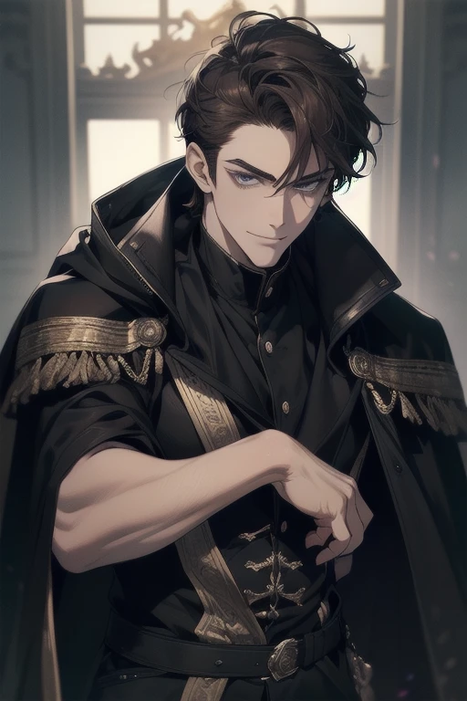 masterpiece, best quality, detailed face, realistic, 1man, mature male, handsome young man, 25 year old, a smirk, closed mouth, portrait, extremely detailed face, cold and smirk, ((dark grey eyes)), ((short-right-swept dark hair)), [thick eyebrows], on the throne, ((long black cape)), ((all black)), (dark grey eyes)