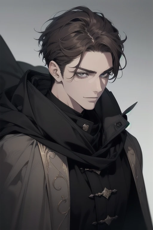 masterpiece, best quality, detailed face, realistic, 1man, mature male, handsome young man, 25 year old, a smirk, closed mouth, portrait, extremely detailed face, cold and smirk, ((dark grey eyes)), ((short-right-swept dark hair)), [thick eyebrows], on the throne, ((long black cape)), ((all black)), (dark grey eyes)