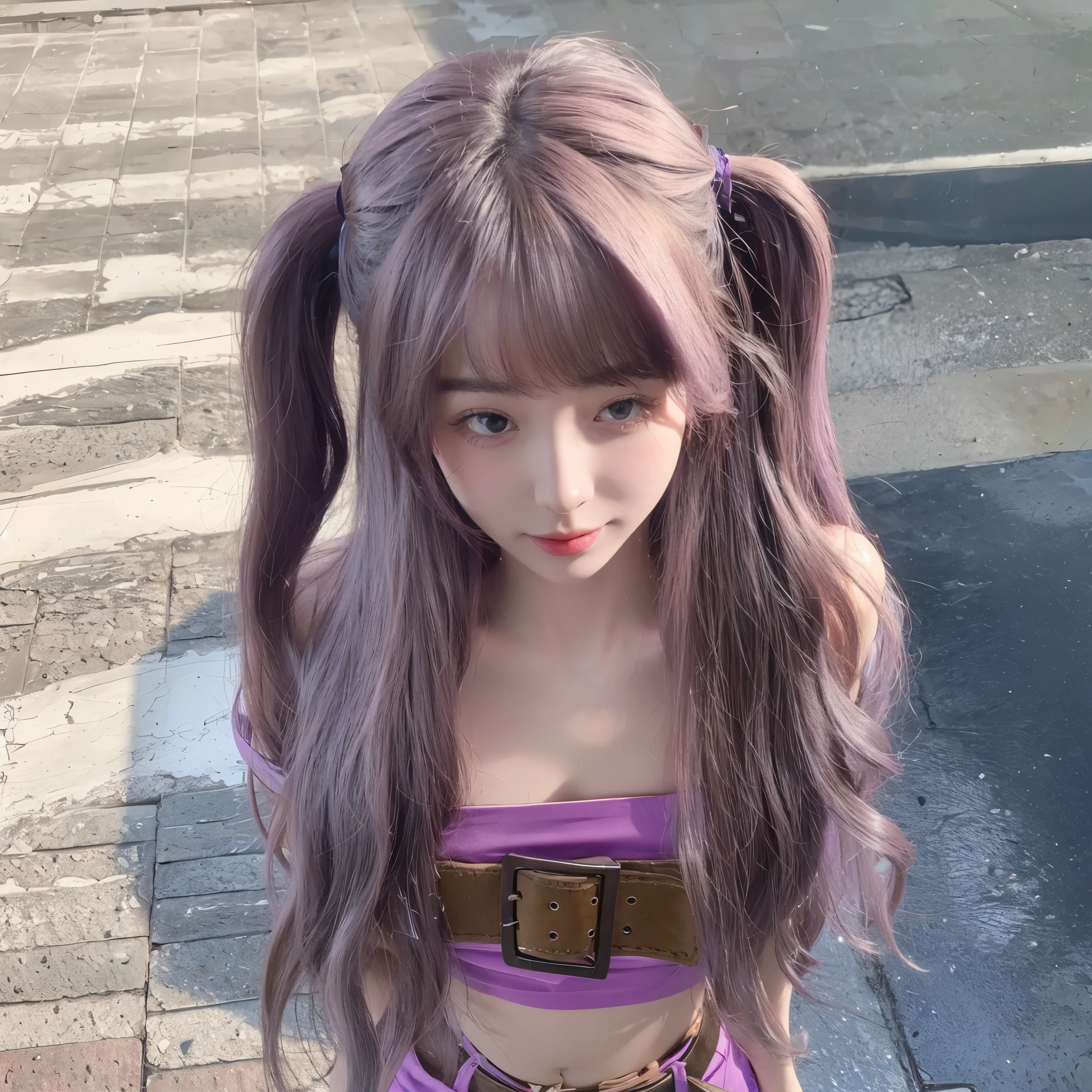 Air bangs，Purple long curly hair，Natural, beautiful and comfortable，The background is simple and clean，The characters look beautiful and comfortable