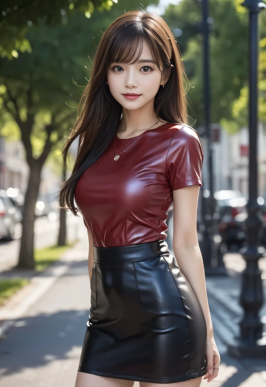 (masterpiece, best quality:1.1), (8k, raw photo, photo realistic:1.2, f22), (shiny skin), detailed skin,long hair,ribbon,detailed face, detailed eyes,smile,BREAK, real world, intricate details, smil, BREAK, 1girl, full body,(red,leather,short sleeve,dress)BREAK, (Town:1.4)