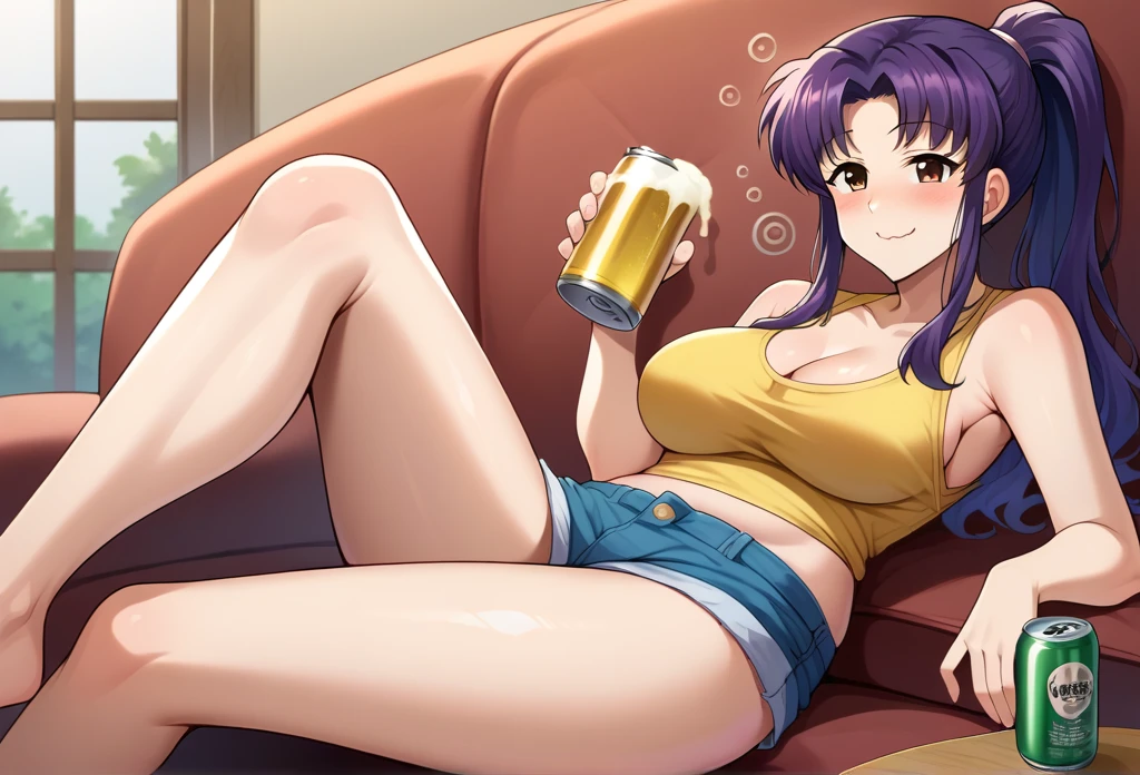 misato_katsuragui, 1girl, purple hair center parted, sidelocks, ponytail, solo, (drunk:1.2) (flushed:1.1) (blushing:1.3), open mouth cute wavy mouth, holding (beer glass:1.1), (loose:1.2) clothing, yellow loose crop top, breasts, shorts, sitting, cleavage, brown eyes, holding, looking at viewer, ponytail, long hair,  holding can, (denim shorts:1.1), purple hair, closed mouth, smile, bare shoulders, collarbone,  