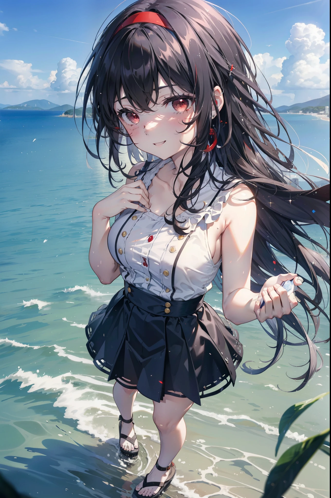 For profit, utaha kasumigaoka, Black Hair, hair band, Long Hair, (Red eyes:1.5),happy smile, smile, Open your mouth, Black sleeveless dress,Bare arms,Long skirt,Cute Sandals,whole bodyがイラストに入るように,Daytime,Clear skies,
break looking at viewer,whole body,
break outdoors, In town,Building district,Coastal Road,
break (masterpiece:1.2), highest quality, High resolution, unity 8k wallpaper, (figure:0.8), (Beautiful fine details:1.6), Highly detailed face, Perfect lighting, Highly detailed CG, (Perfect hands, Perfect Anatomy),