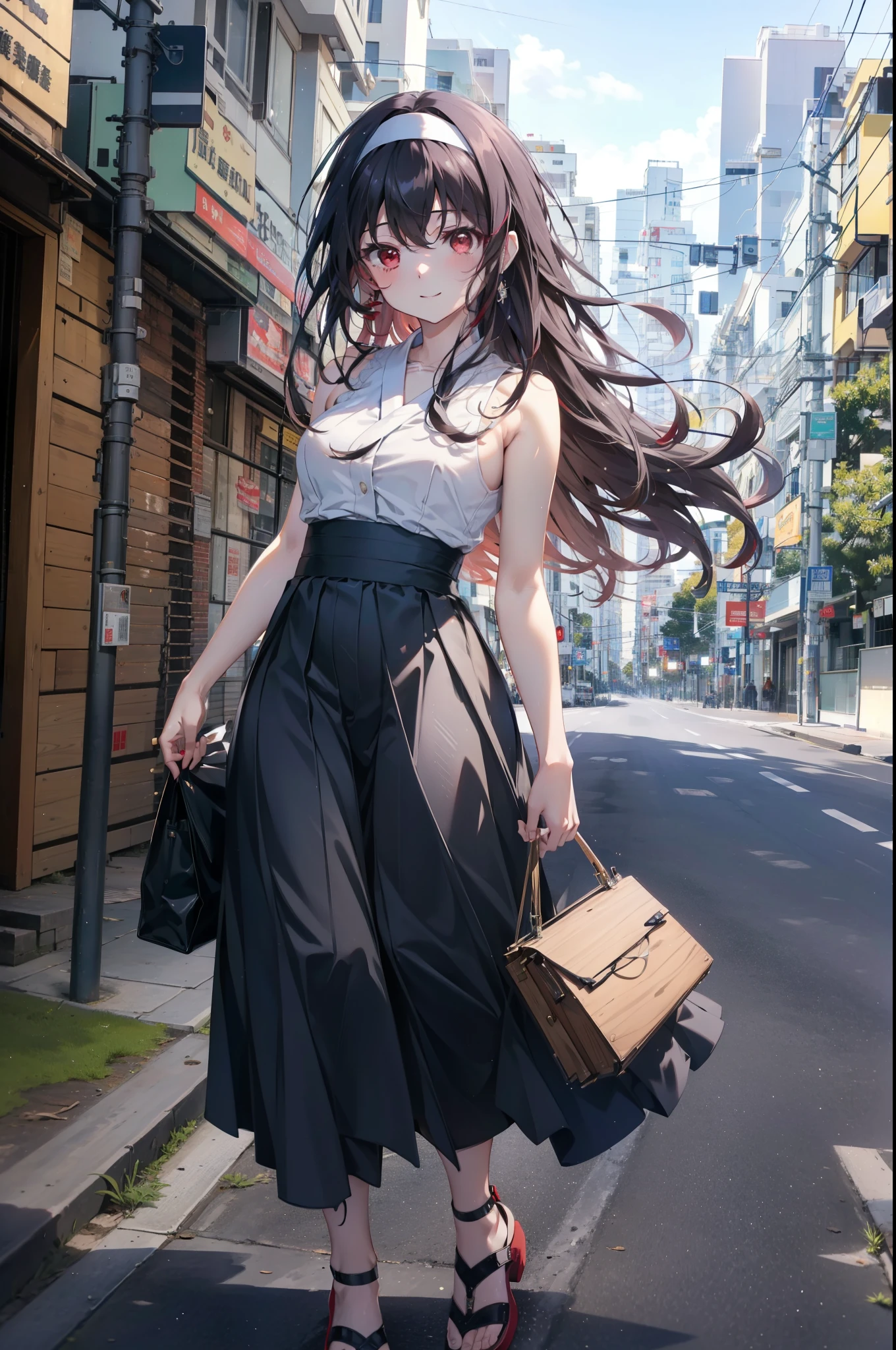 For profit, utaha kasumigaoka, Black Hair, hair band, Long Hair, (Red eyes:1.5),happy smile, smile, Open your mouth, Black sleeveless dress,Bare arms,Long skirt,Cute Sandals,whole bodyがイラストに入るように,Daytime,Clear skies,
break looking at viewer,whole body,
break outdoors, In town,Building district,Coastal Road,
break (masterpiece:1.2), highest quality, High resolution, unity 8k wallpaper, (figure:0.8), (Beautiful fine details:1.6), Highly detailed face, Perfect lighting, Highly detailed CG, (Perfect hands, Perfect Anatomy),