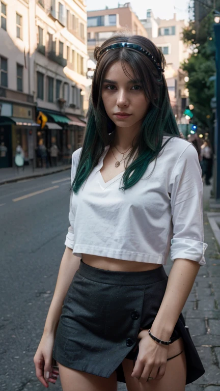 1 girl, best quality, masterpiece, high resolution, [purple|sliver|green] _hair, black miniskirt, hair accessory, necklace, jewelry, beautiful face, looking forward, full body view, realistic, outdoor, modern square, two-tone lighting, (high detail skin: 1.2), 8k UHD, dslr, soft light, high quality, volumetric light, candid, photo, high resolution, 4k, 8k, background blur