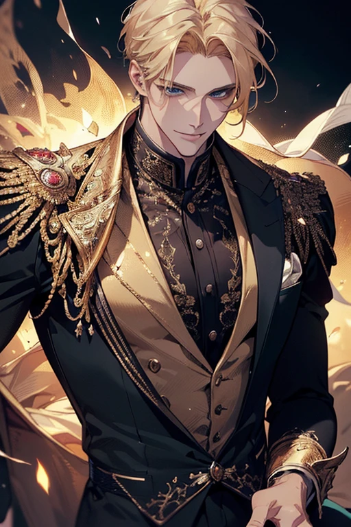 {(best quality, 8k, masterpiece, HDR, soft lighting, perfect image, digital illustration, manhwa art, hyper detailed image, perfect lines, realistic)} 1 very handsome man, short blonde hair, blue eyes, luxurious clothes (imposing posture, smiling), {(black background with golden sparkles)}