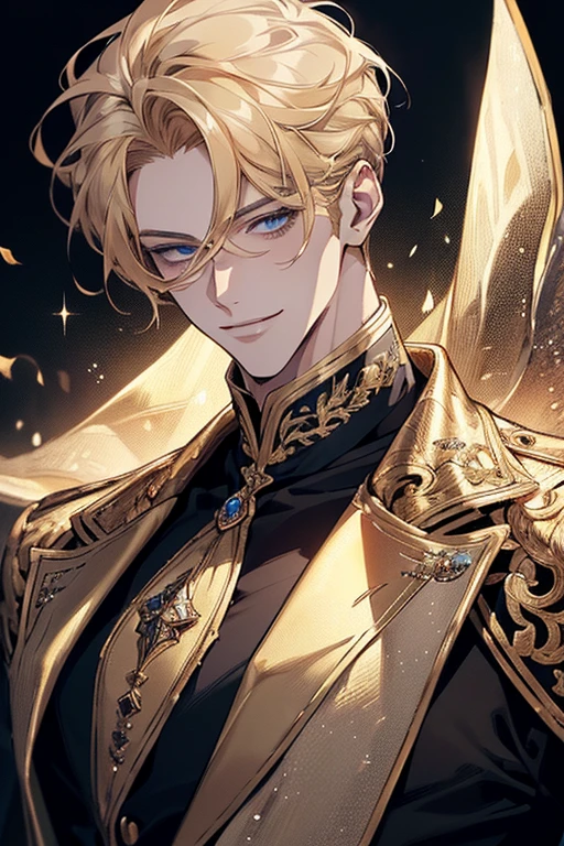 {(best quality, 8k, masterpiece, HDR, soft lighting, perfect image, digital illustration, manhwa art, hyper detailed image, perfect lines, realistic)} 1 very handsome man, short blonde hair, blue eyes, luxurious clothes (imposing posture, smiling), {(black background with golden sparkles)}