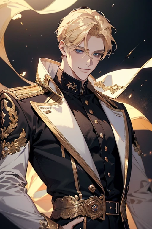 {(best quality, 8k, masterpiece, HDR, soft lighting, perfect image, digital illustration, manhwa art, hyper detailed image, perfect lines, realistic)} 1 very handsome man, short blonde hair, blue eyes, luxurious clothes (imposing posture, smiling), {(black background with golden sparkles)}