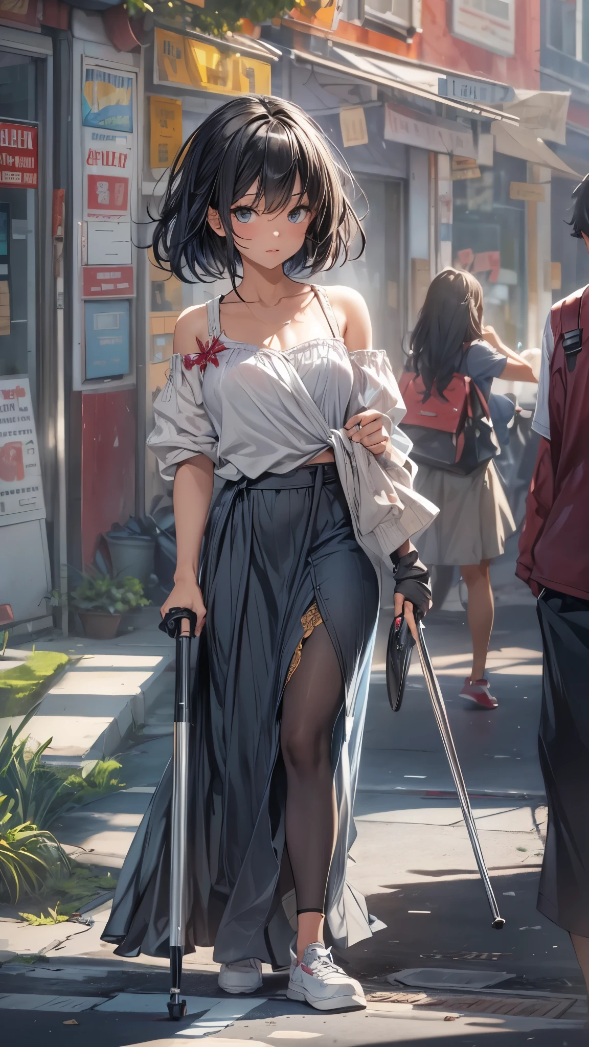 (Super detailed, realistic), streets scene, [Moderately:Oil], [Professional:1.1], [Physically based rendering], [bright colors], [sharp focus], [studio lighting], [extreme details], [highest quality,4k,8K,High resolution,masterpiece:1.2],(detailed face),outside the streets,((One 18-year-old woman)),(short black hair),(dark), [nervous eyes],(casual ladies fashion,off shoulder,maxi length skirt,socks,pamps),(she walks on crutches)
