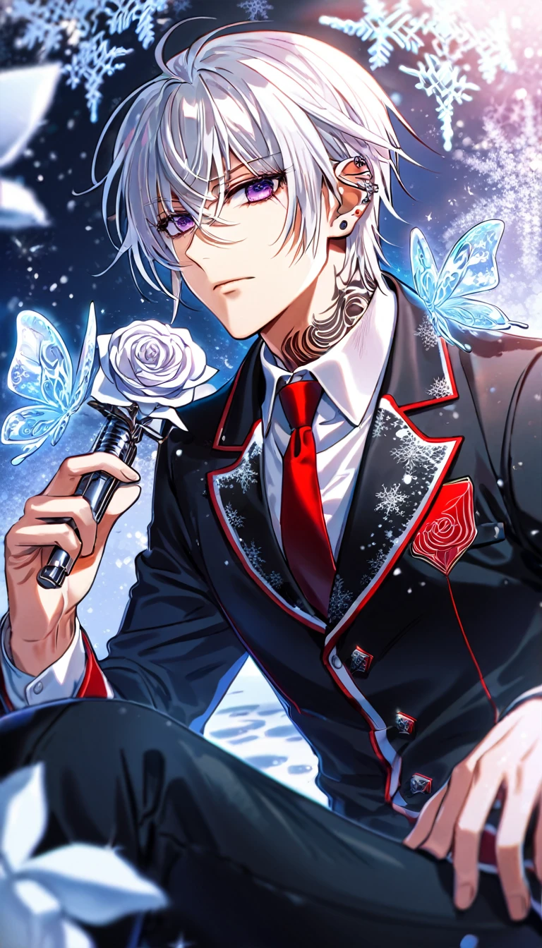 Ultra detailed, HDR, Highres, absurdres, master piece, Zero Kiryuu, white hair, short hair, expressive purple eyes, Vampire Knight, ice butterflies, winter, ice, snowflakes, white flowers, sexy man, solo, extremely detailed face and eyes, handsome, glittering, toned chest, white shirt, tattoo on his neck, ear piercings, Vampire Knight black uniform, red necktie, sitting, black pants, cross uniform, holding a silver gun (Bloody Rose)