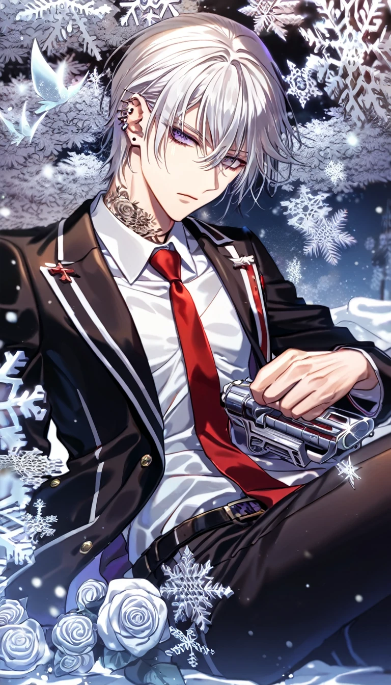 Ultra detailed, HDR, Highres, absurdres, master piece, Zero Kiryuu, white hair, short hair, expressive purple eyes, Vampire Knight, ice butterflies, winter, ice, snowflakes, white flowers, sexy man, solo, extremely detailed face and eyes, handsome, glittering, toned chest, white shirt, tattoo on his neck, ear piercings, Vampire Knight black uniform, red necktie, sitting, black pants, cross uniform, holding a silver gun (Bloody Rose)
