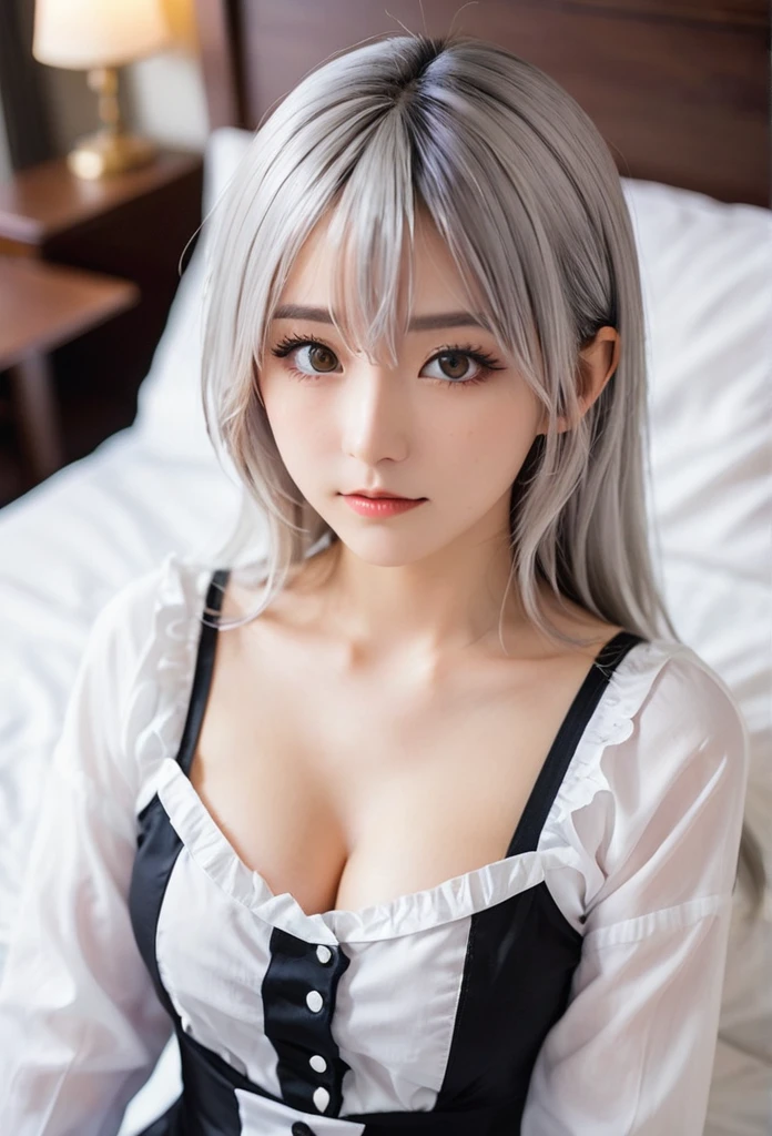 (best quality,ultra-detailed),cosplay costume, anime, girl, adorable, Silver Hair、Long Hair, detailed eyes and face, cute pose, dynamic, whole body、Tube top、belly button、slouch、From above、bed、Leg spread