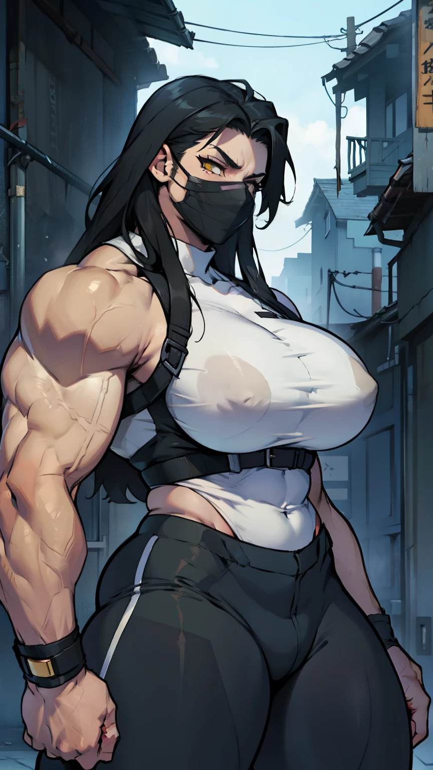 muscular muscular muscular huge breasts huge breasts huge breasts thick thick thick thick thick thick pale skin black hair yellow eyes sad mask