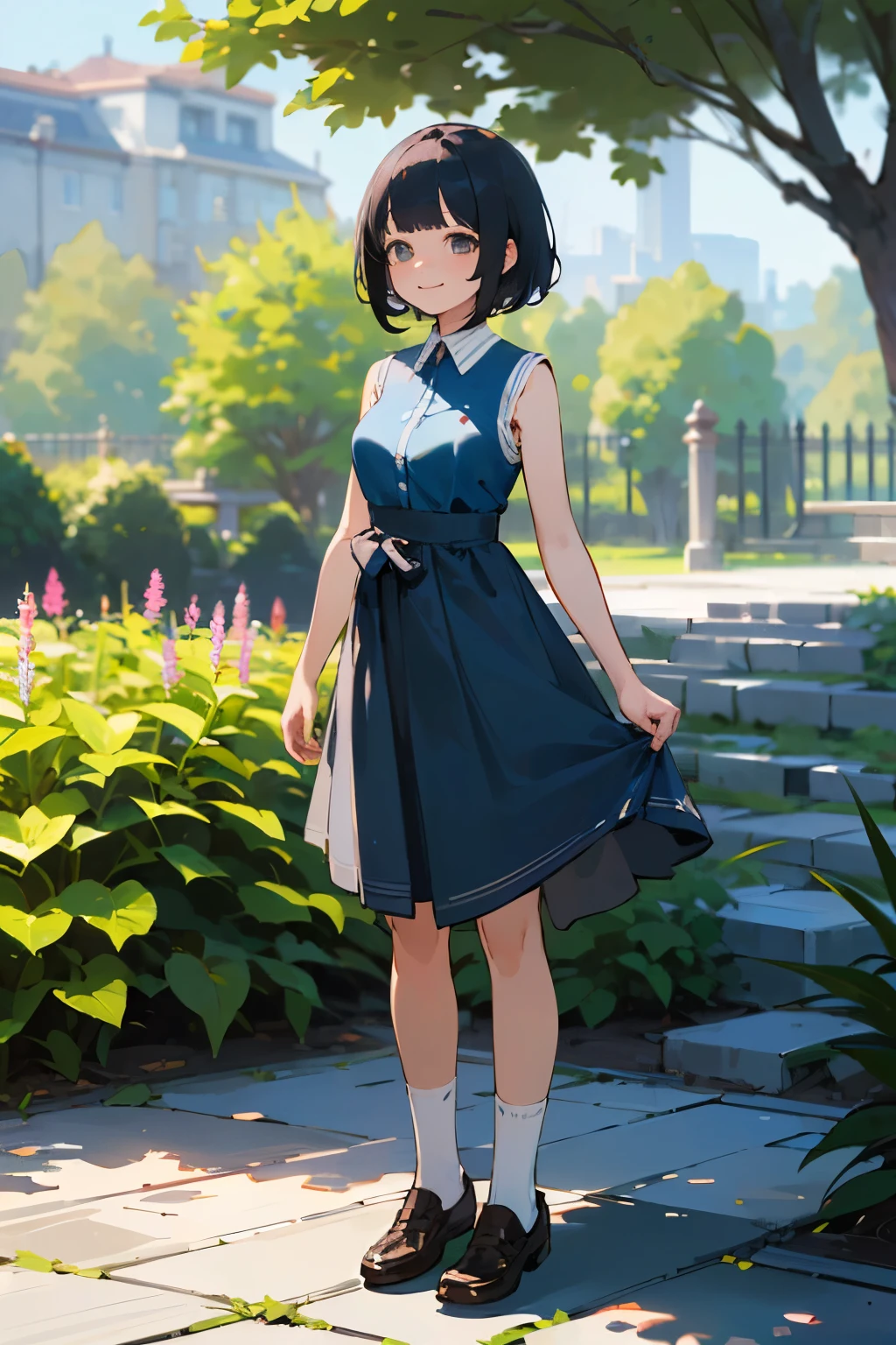 (high quality, High resolution, Very detailed, reality:1.37), Peaceful atmosphere, (Outdoor, garden),  girl standing alone, (my breasts are big.), Beautiful details, Cute Smile, (Black bob hair), Blue sleeveless dress, White socks, loafers.