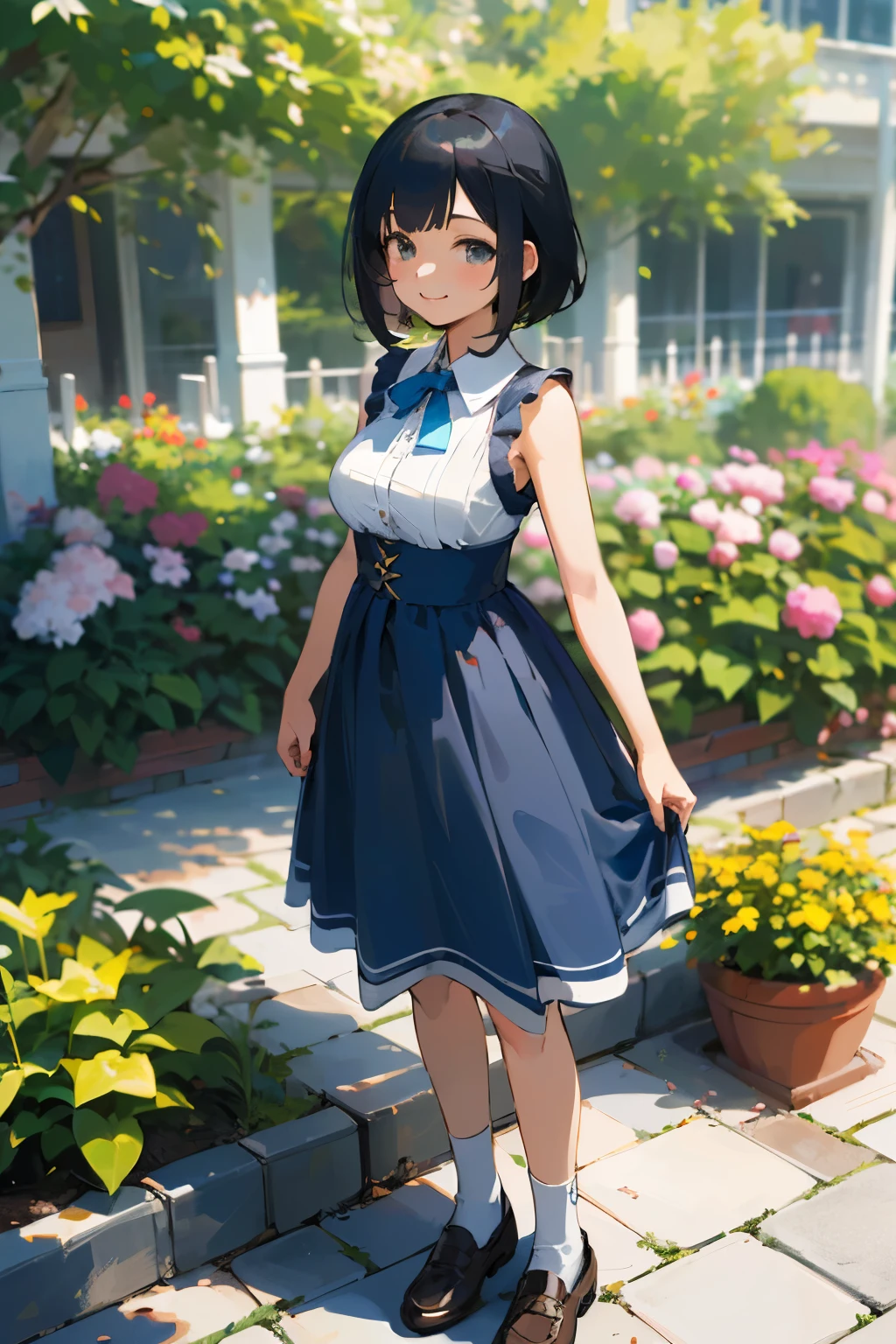 (high quality, High resolution, Very detailed, reality:1.37), Peaceful atmosphere, (Outdoor, garden), age girl standing alone, (my breasts are big.), Beautiful details, Cute Smile, (Black bob hair), Blue sleeveless dress, White socks, loafers.