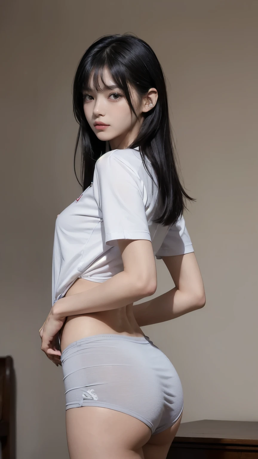 (((Backwards:1.8, Composition above the knees:1.8))), (((Clothing:2.0, The upper body is a school uniform:1.8, The lower half of the body is covered in a large gym uniform.:1.8))), (Wet:1.5), ((living room:1.8)), ((A grin:1.3, Short Hair:1.2, slender:1.5, Small Ass:1.5)), ((Japanese, 1 Girl, 18-year-old, 7 heads, Ideal body proportions, Black Hair, With bangs, Small breasts, Erect nipples, slender, Small Ass, Beautiful feet, Skinny Legs)), Surrealism, Cinematic Lighting, Depth of written boundary, First Person View, F/1.8, 135mm, Ticker, Mastepiece, Curate, ((Anatomically correct:1.3)), Textured skin, Super Detail, High detail, High quality, Awards, Best Quality, High resolution, 8K
