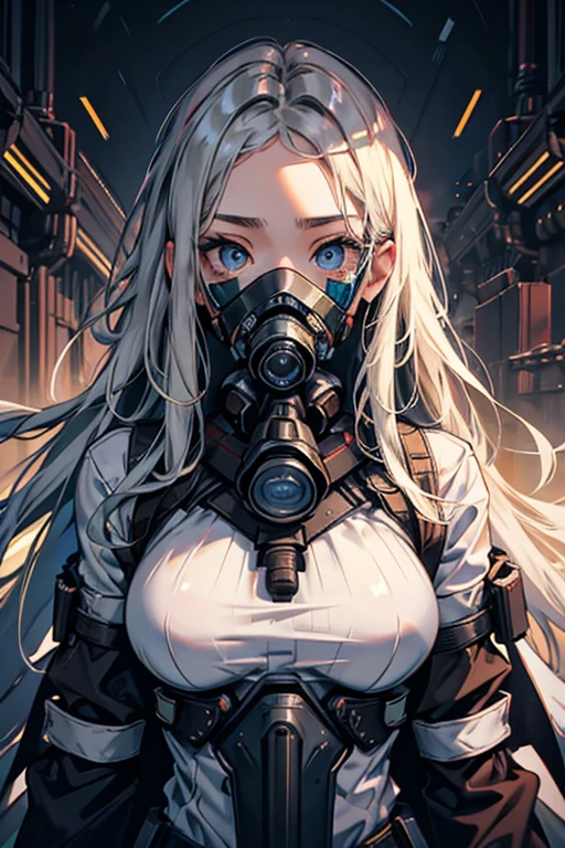 highest quality、masterpiece、8k、Ultra high definition、Beautiful Eyes、Beautiful Face、Very fine skin、Long Hair、woman、upper body、Big Breasts、gas mask