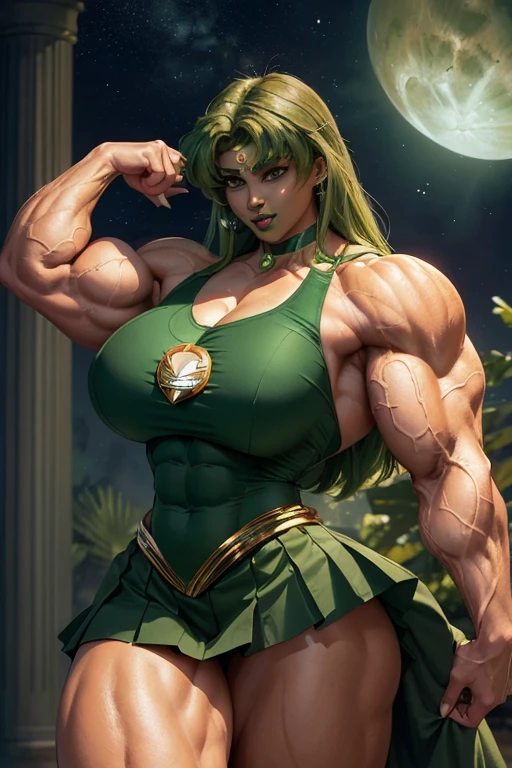((((Massive, tall, beautiful, buff, light brown skinned muscular woman with green hair, black lipstick, ginormous bulky muscles and wearing a green mechanized sailor moon costume and skirt)))), (close view), massive muscles, massive biceps, hyper muscle triceps, (long curvy hair), orange eyes, choker, black tiara, sailor moon boots, holding a bo staff, green fire, in space, Uranus, night time, smirk, hyper muscles arms, hyper muscle legs, ((massive arms)).