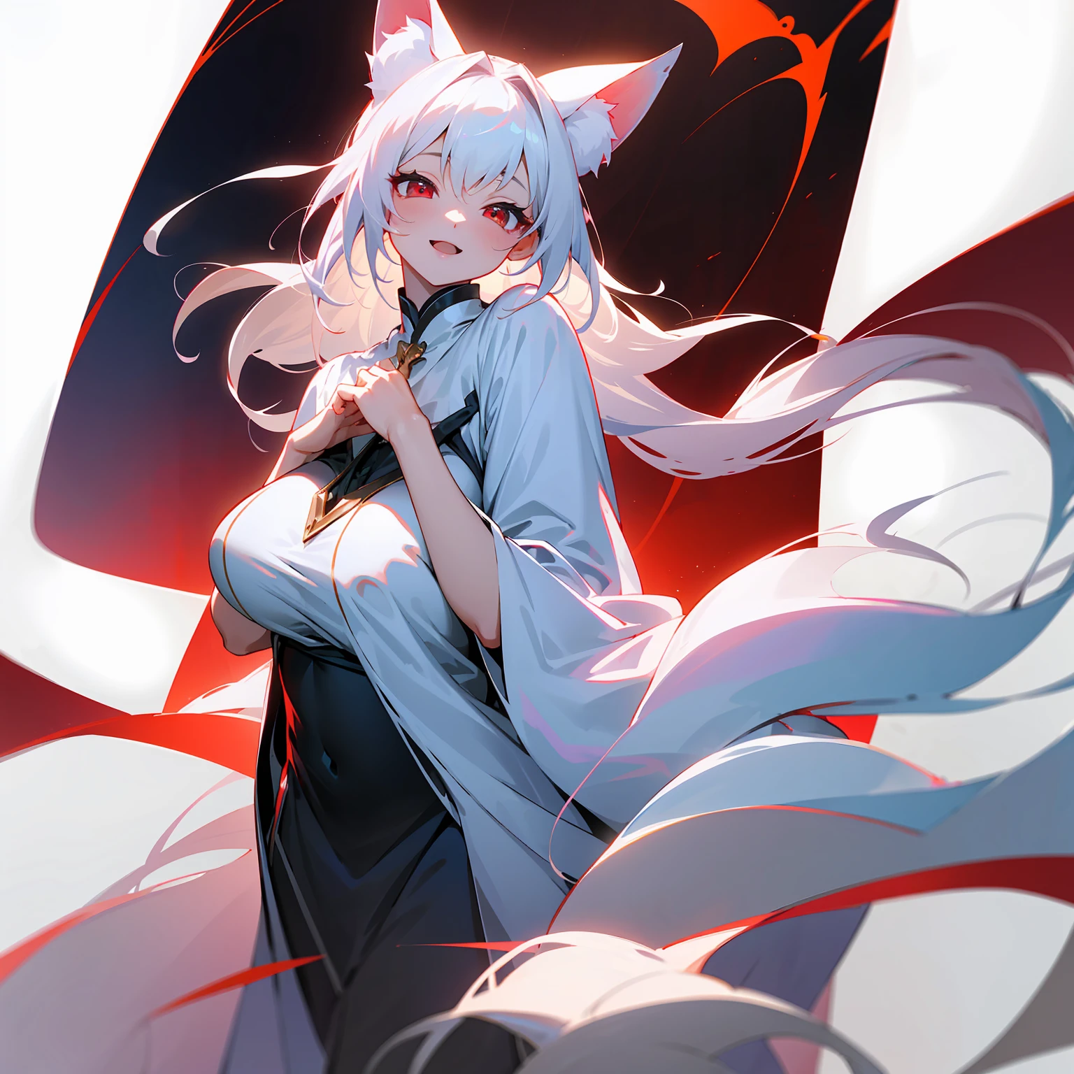 A realm of unparalleled visual fidelity、Experience 8K masterpieces in the highest resolution and ultra-fine detail。The background is simply white。オフショルダーの巫女衣装を着た美しい女性がSmiling with wide open mouth。Her long, flowing white hair appears to glow with a magical light.。It highlights her captivating red eyes..。The glowing skin of her face reflects the light..、Enhances every wrinkle and curve。The contrast between her large breasts and her delicate outfit is unique..、It exudes a mysterious atmosphere。The big white fox ears and tail are very beautiful.、Moves beautifully in tune with her emotions.。Her cheeks turned red、Looks happy。She has her hands on her chest。She looks straight at me、Smiling with wide open mouth。Her beautiful charm stands out。She is depicted only from the waist up.。