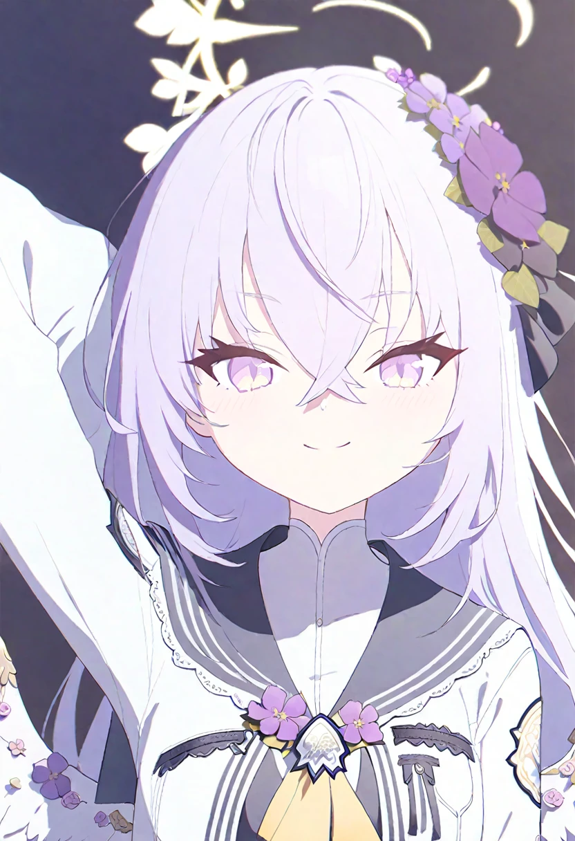 azusa \(blue archive\),AddXL1girl arm_behind_head black_dress black_sailor_collar bloom blush cropped_jacket crossed_bangs dress falling_petals feathered_wings flower hair_flower hair_ornament halo jacket light_purple_hair long_hair long_sleeves looking_at_viewer low_wings neckerchief petals purple_eyes sailor_collar simple_background smile solo upper_body white_background white_jacket white_wings wings yellow_neckerchief