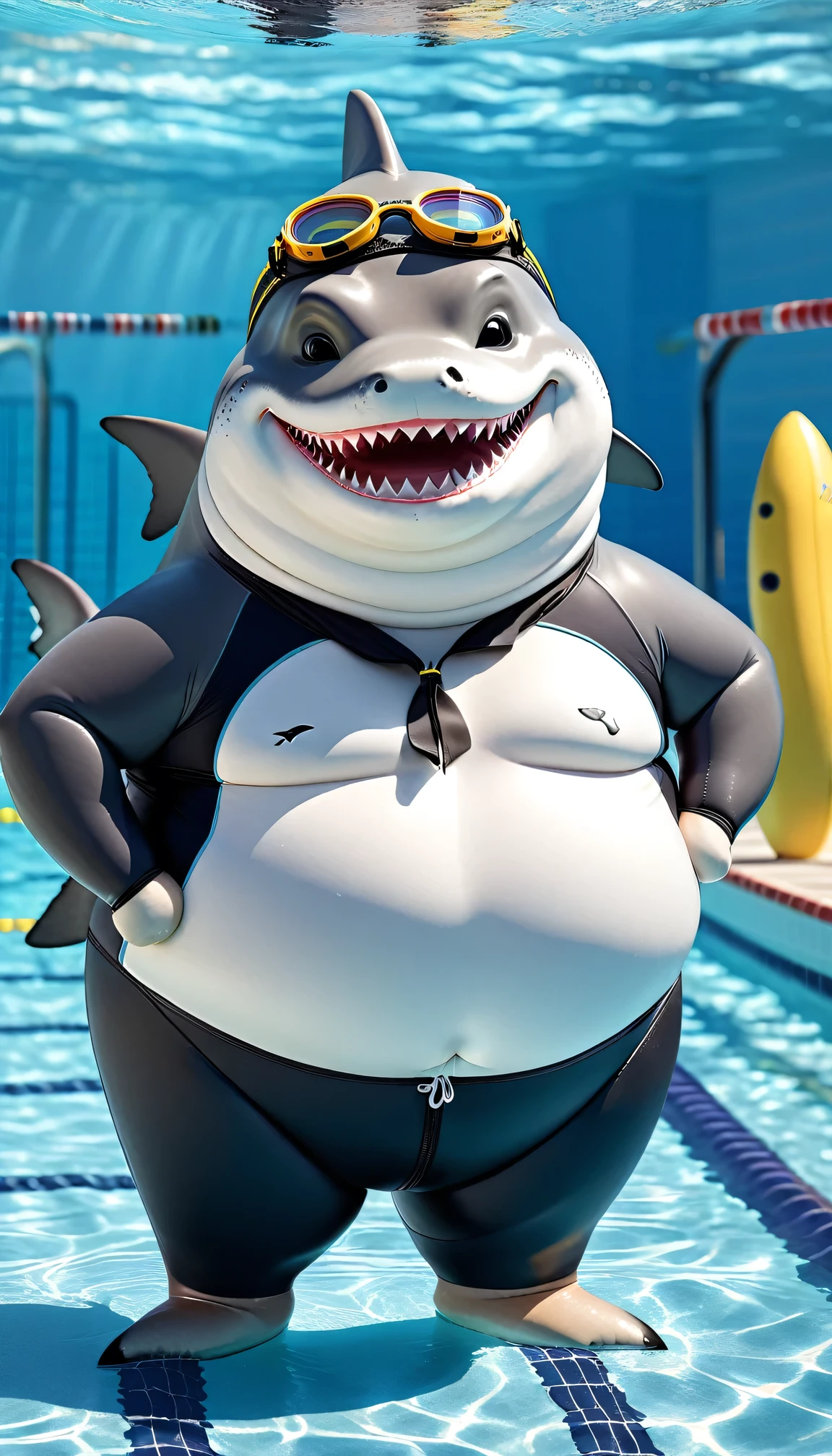 photorealistic portrait of Dressed animals - a (fat) shark swimmer,(hands on hips:1.5),(happy smile),(furry), high quality,(lovely) ,intricate details, highly detailed (Competitive black swimsuit), swimming cap and goggles, pool background, (happy), perfect lighting,(full body image:2.0)