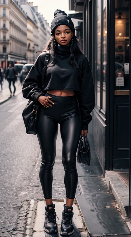 {(Sha’Carri Richardson, usando (legging preto de couro), e uma (moletom rosa, with Stylish Toca De Frio wool beanie), (sensual)corpo peito, quadril largo, cintura fina, coxas largas e grossas}, Paris.