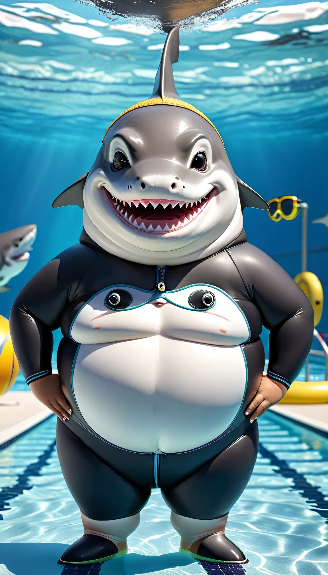 mr shark, (((plump, fat, belly))), black eyes, (pose:1.3), (posing:1.3), (soft shading), 4k, hi res, five fingers, detailed hands, ((detailed face, (detailed eyes:1.0), detailed)), (full body), by zackarry911, by zaush, (by personalami:0.5), 1boy, male focus, yellow shorts, dog tags, giant head, huge head, big head, coming out of a pool, dripping water, water, wet skin, incredible textures, beautiful textures