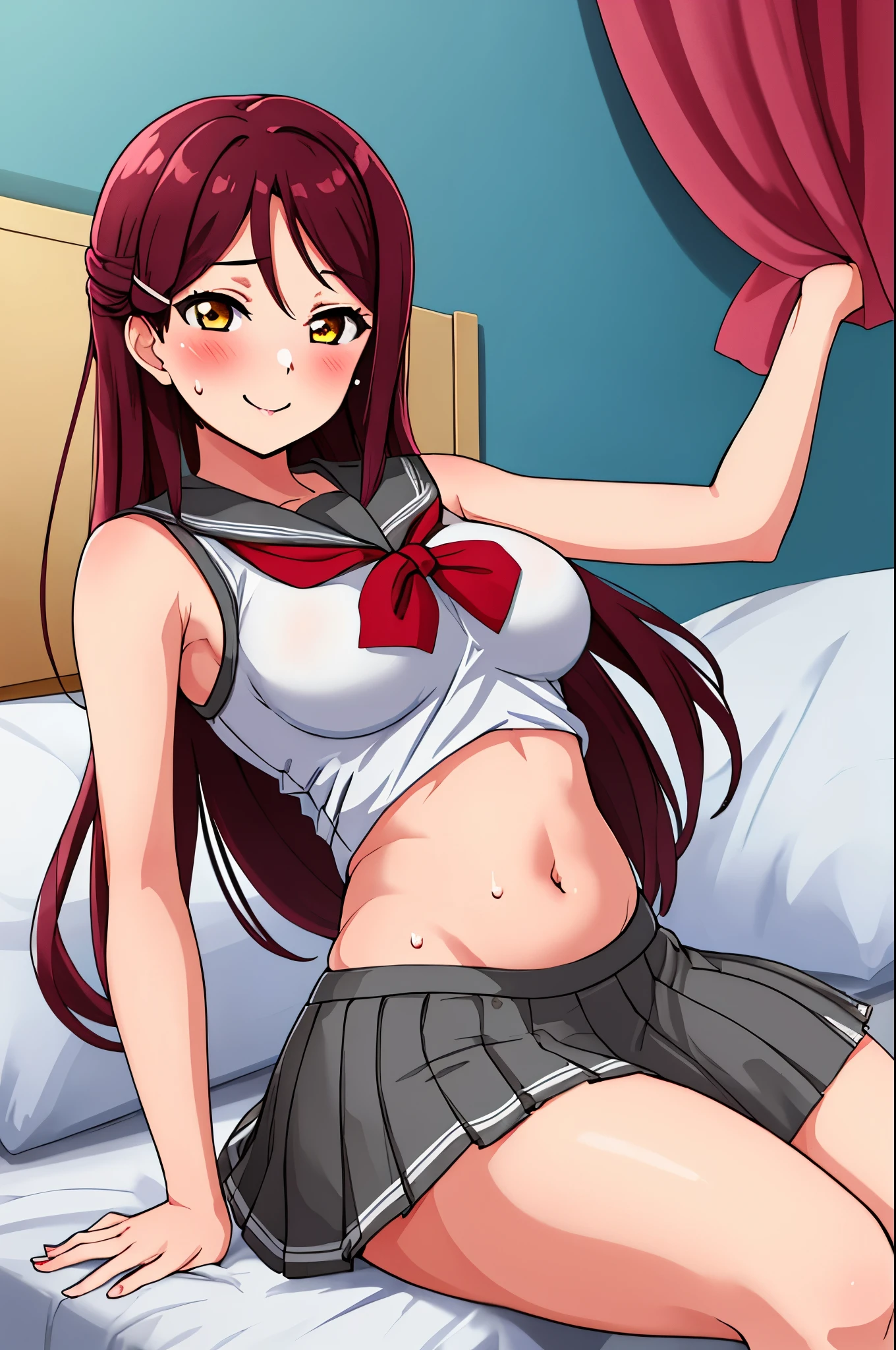 Masterpiece,best quality,Solo, Sakurauchi riko, long hair, blush, love scene, skirt, sleeveless, pleated skirt, standing, serafuku, grey skirt, uranohoshi ,side breast,navel,thicc thighs , laying on bed,on back, lovely smile, sweaty , panties 